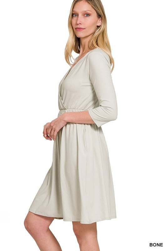 Women's Surplice Neckline 3/4 Sleeve Knee Length Dress Side Pockets Buttery Soft