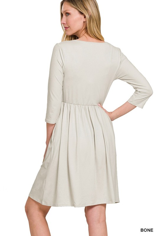 Women's Surplice Neckline 3/4 Sleeve Knee Length Dress Side Pockets Buttery Soft
