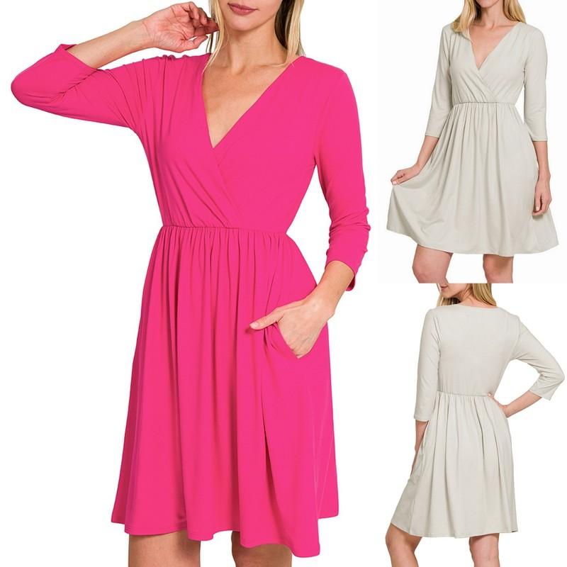 Women's Surplice Neckline 3/4 Sleeve Knee Length Dress Side Pockets Buttery Soft