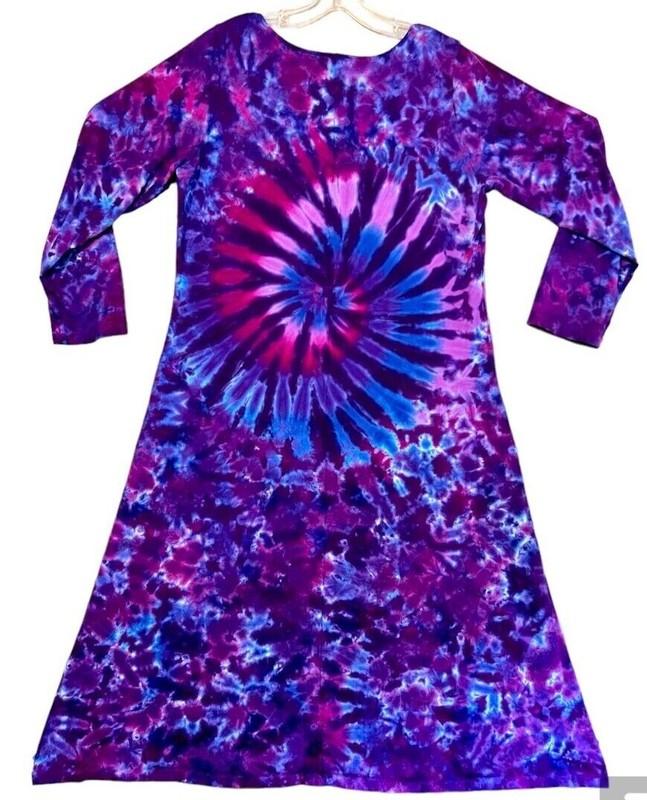 Women's TIE DYE Long Sleeve Dress Purple Spiral Blotter Art Sm Med Lg Xl 2X 3X