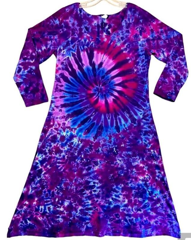 Women's TIE DYE Long Sleeve Dress Purple Spiral Blotter art sm med lg xl 2X 3X