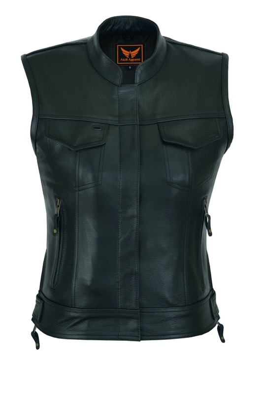 Women's Top Grain Cowhide Club Style Motorcycle Soft Thick Leather Vest