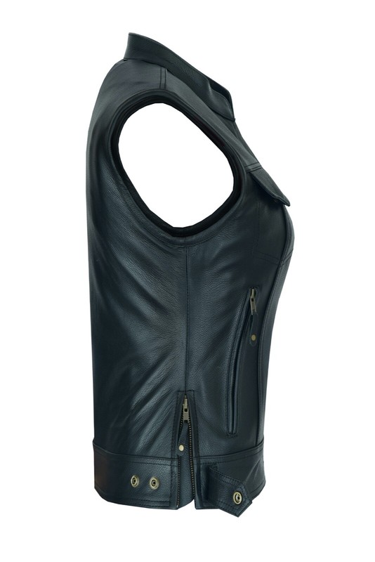 Women's Top Grain Cowhide Club Style Motorcycle Soft Thick Leather Vest