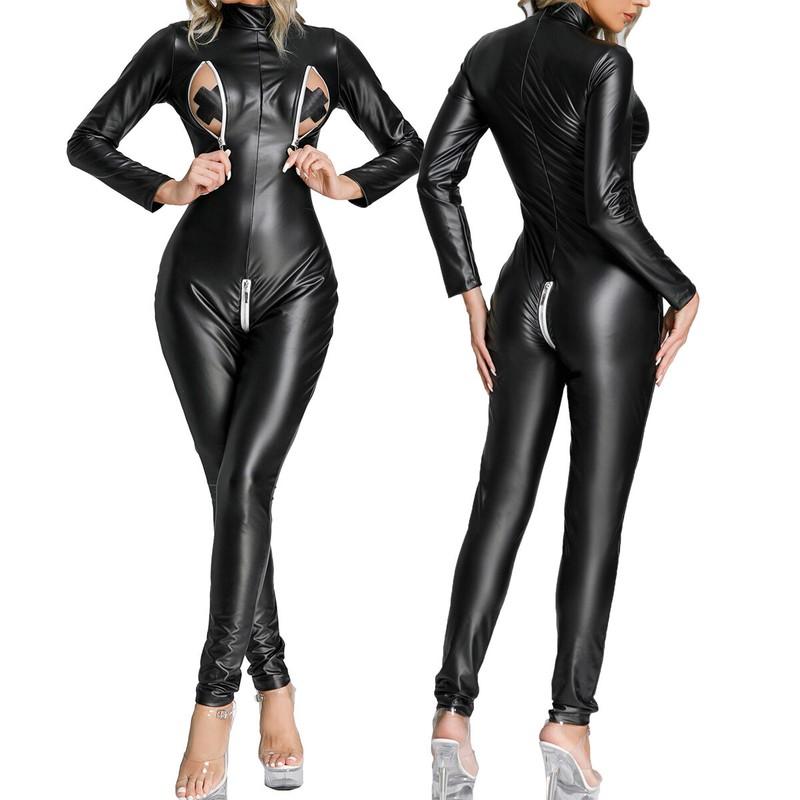 Women's Wet Look Latex Jumpsuit Zipper Crotch Bodysuit Full Body Leotard Catsuit