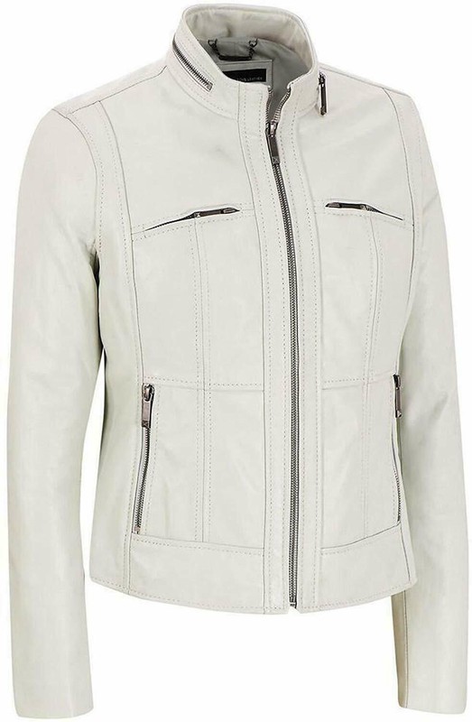 Women’s White Leather Jacket Genuine Lambskin Motorcycle Biker Coat Top Fashion
