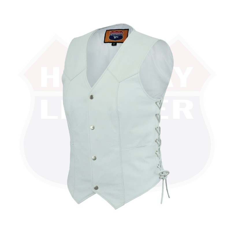 Women's White Leather Motorcycle Vest With Concealed Carry - Biker Club Vest