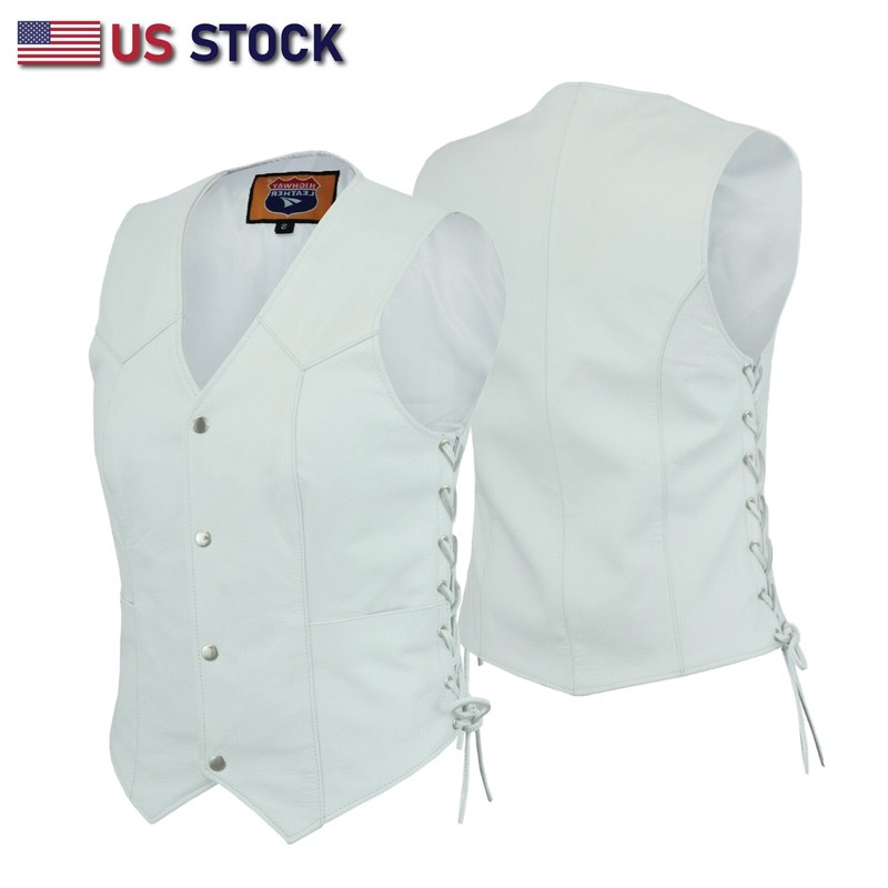 Women's White Leather Motorcycle Vest with Concealed Carry - Biker Club Vest
