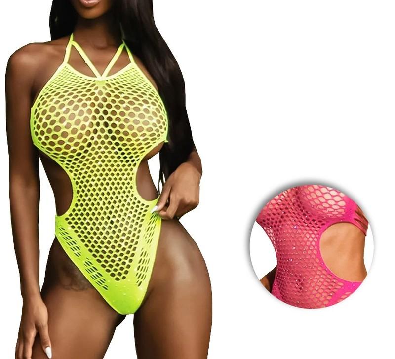 Women's Wild N Free Fishnet Halter Top Neon Rave Festival One Piece Bodysuit