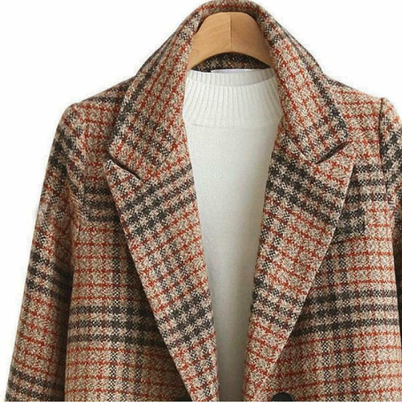 Women's Winter Oversize Lapel Collar Woolen Plaid Double Breasted Pea Coat Cml