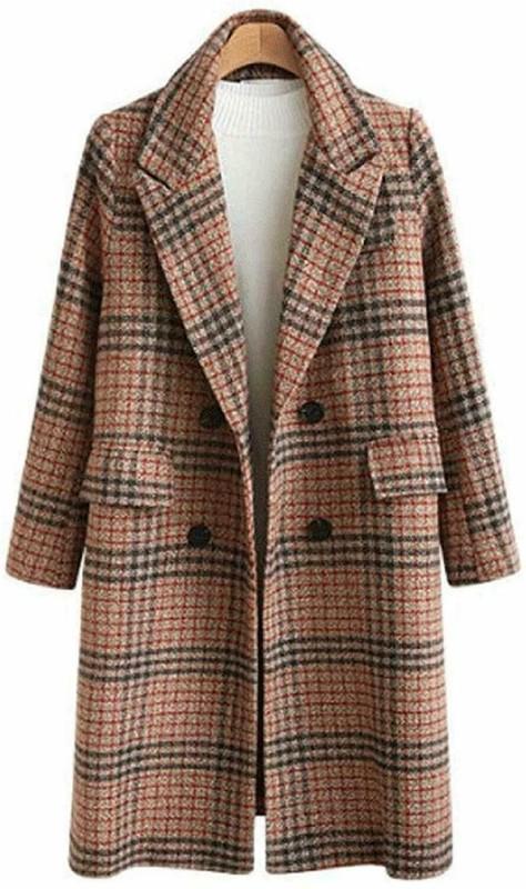 Women's Winter Oversize Lapel Collar Woolen Plaid Double Breasted Pea Coat Cml