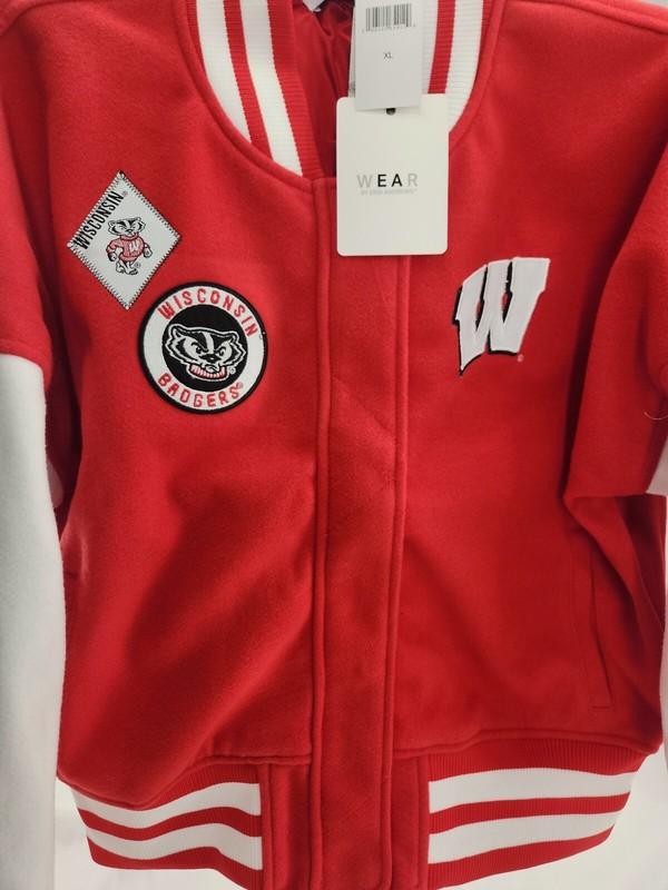 Women's Wisconsin Badgers Red/White Full-Zip Varsity Patchwork Jacket Size XL