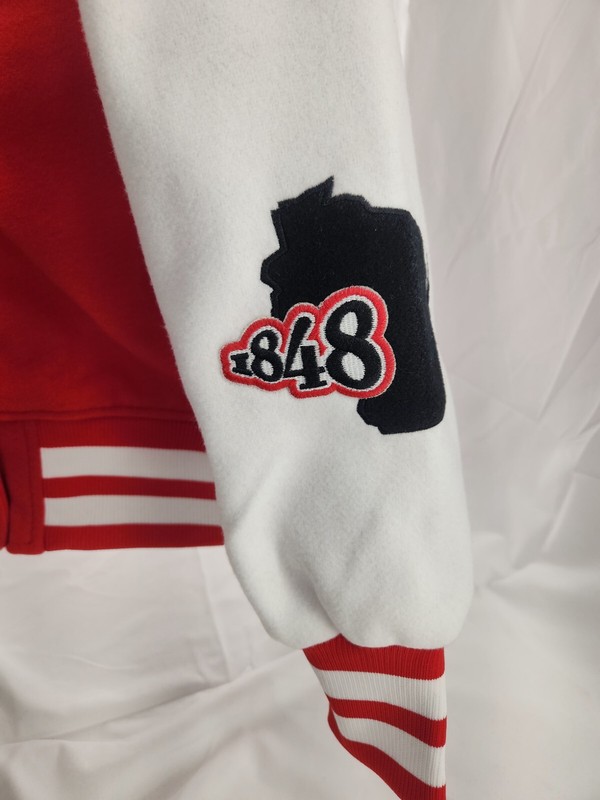 Women's Wisconsin Badgers Red/White Full-Zip Varsity Patchwork Jacket Size XL