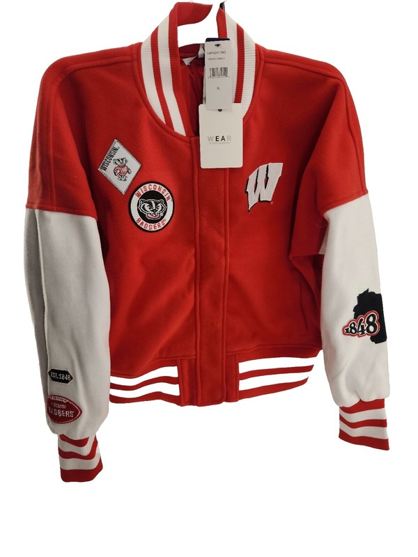 Women's Wisconsin Badgers Red/White Full-Zip Varsity Patchwork Jacket Size XL