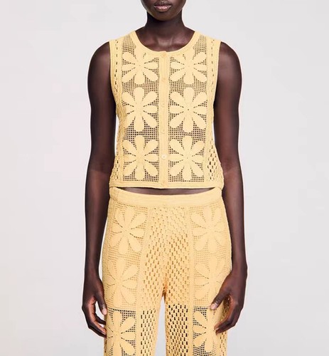 Women Sandro Round Neck Embroidered Knit Sleeveless Tank Top