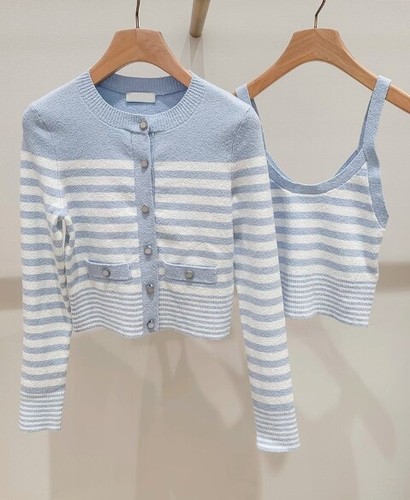 Women Sandro Round Neck Striped Knit Tank Top / Long Sleeve Coat