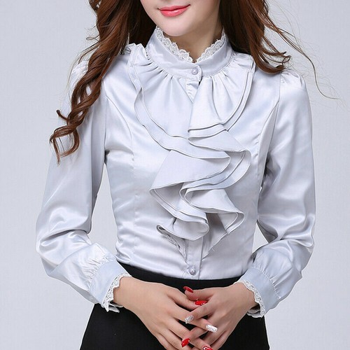 Women Satin Blouse Faux Silk Lace Shirt Ruffle Frill Lolita Office Top Retro