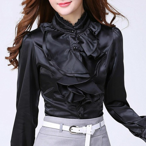 Women Satin Blouse Faux Silk Lace Shirt Ruffle Frill Lolita Office Top Retro