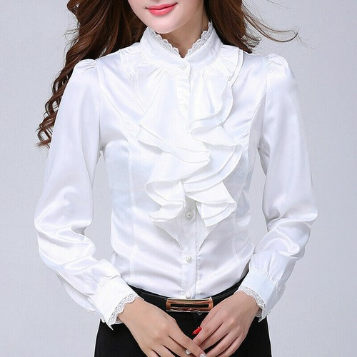 Women Satin Blouse Faux Silk Lace Shirt Ruffle Frill Lolita Office Top Retro
