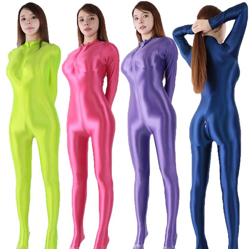 Women Satin Glossy One Piece Jumpsuit Overalls Invisible Zipper Tights Bodysuit