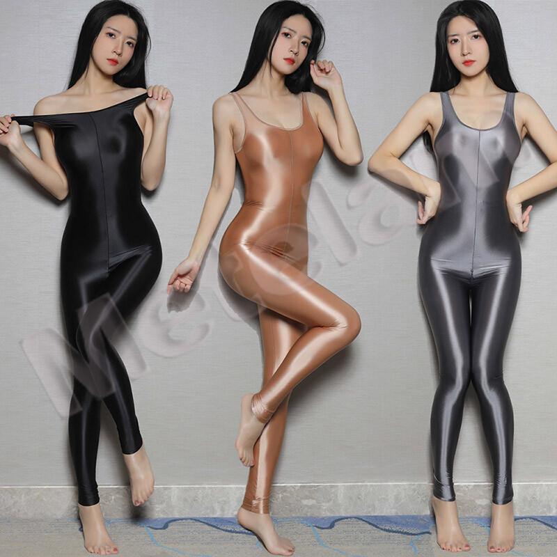 Women Satin Shiny Glossy Bodysuit Sleeveless Zipper Open Crotch Catsuit Jumpsuit