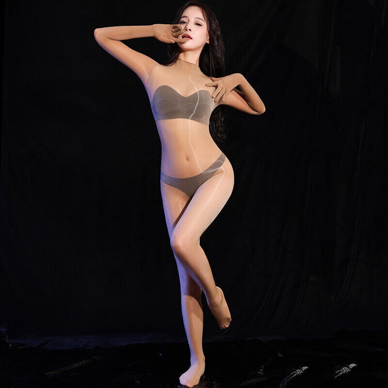 Women See-Through Oil Shiny Glossy Bodysuit Jumpsuit Body Pantyhose Bodystocking