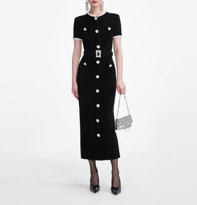 Women Self-Portrait Lace Collar Slim Fit Short Sleeve Midi Dress