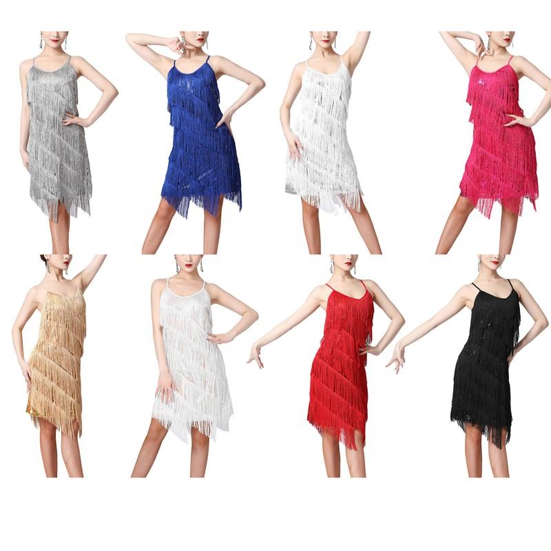 Women Sequins Fringed Latin Dance Dress Sleeveless Tassel Flapper Party Dress