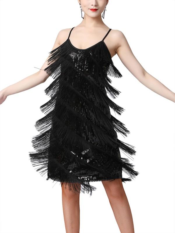 Women Sequins Fringed Latin Dance Dress Sleeveless Tassel Flapper Party Dress