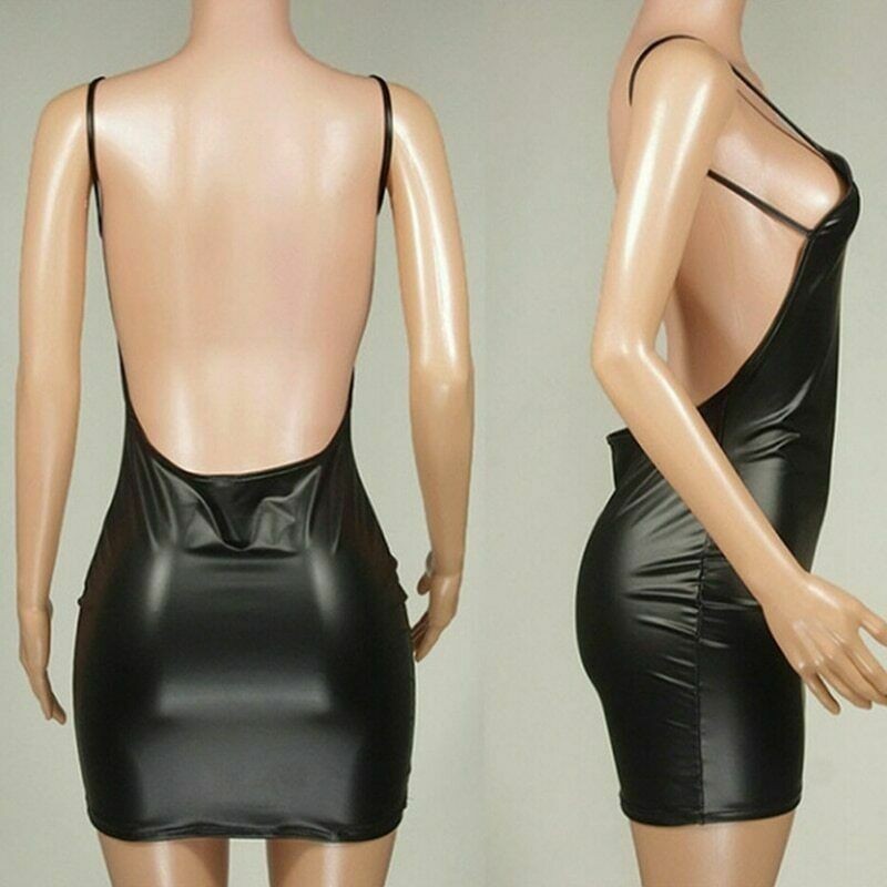 Women Sexy Black Faux Leather Backless Club Party Short Bodycon Mini Dress
