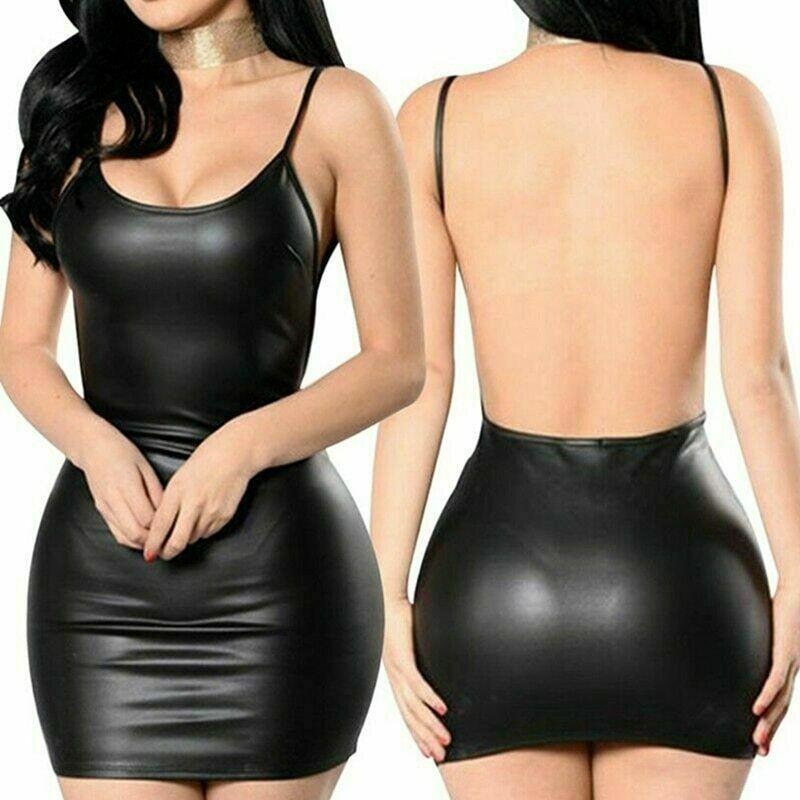 Women Sexy Black Faux Leather Backless Club Party Short Bodycon Mini Dress