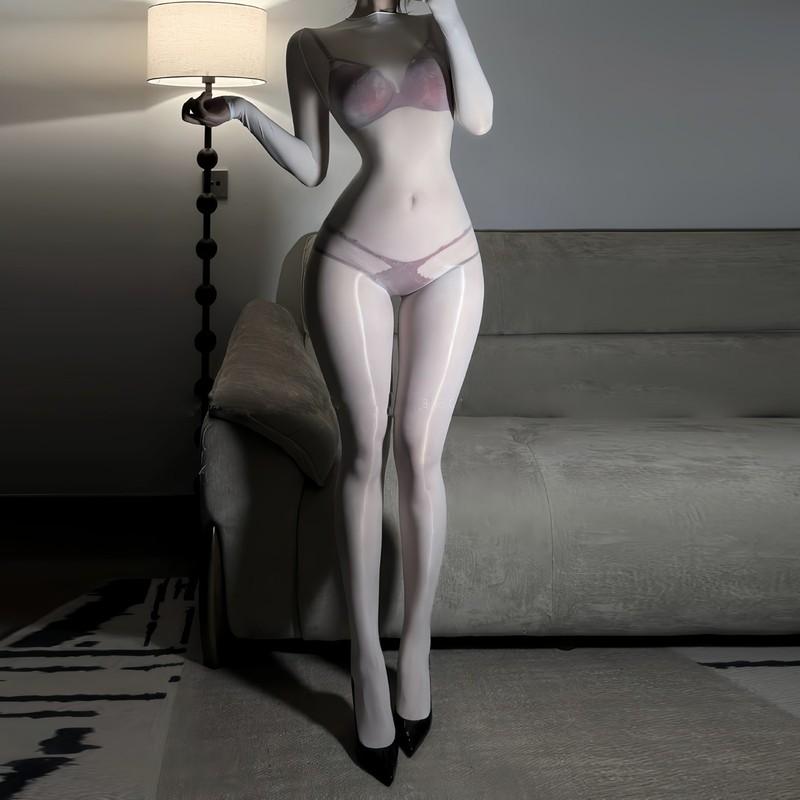 Women Sexy Glossy One-Piece Silk Stocking See Through Jumpsuit Bodysuit Clubwear