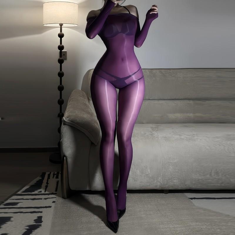 Women Sexy Glossy One-Piece Silk Stocking See Through Jumpsuit Bodysuit Clubwear