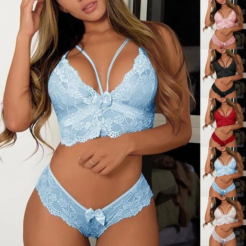 Women Sexy Lace Lingerie Nightwear Underwear Panties Brief Sleepwear Bra Set US