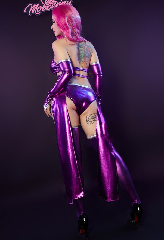 Women Sexy Lingerie Purple Halter Cutout Bodysuit With Sleeves Stocking