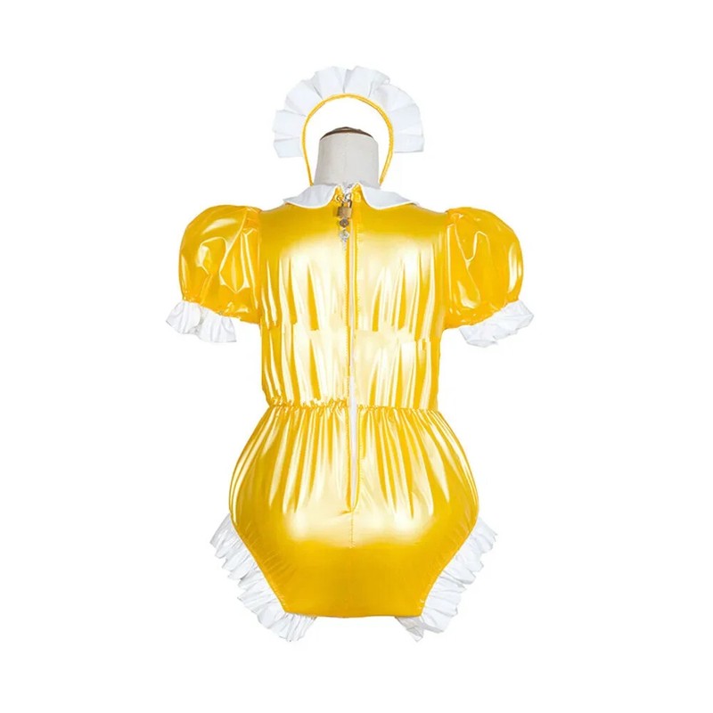 Women Sexy Maid Cosplay Punk Lolita Wet Look PVC Bodysuits Sissy Jumpsuit