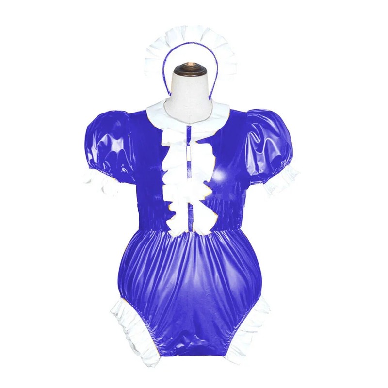 Women Sexy Maid Cosplay Punk Lolita Wet Look PVC Bodysuits Sissy Jumpsuit