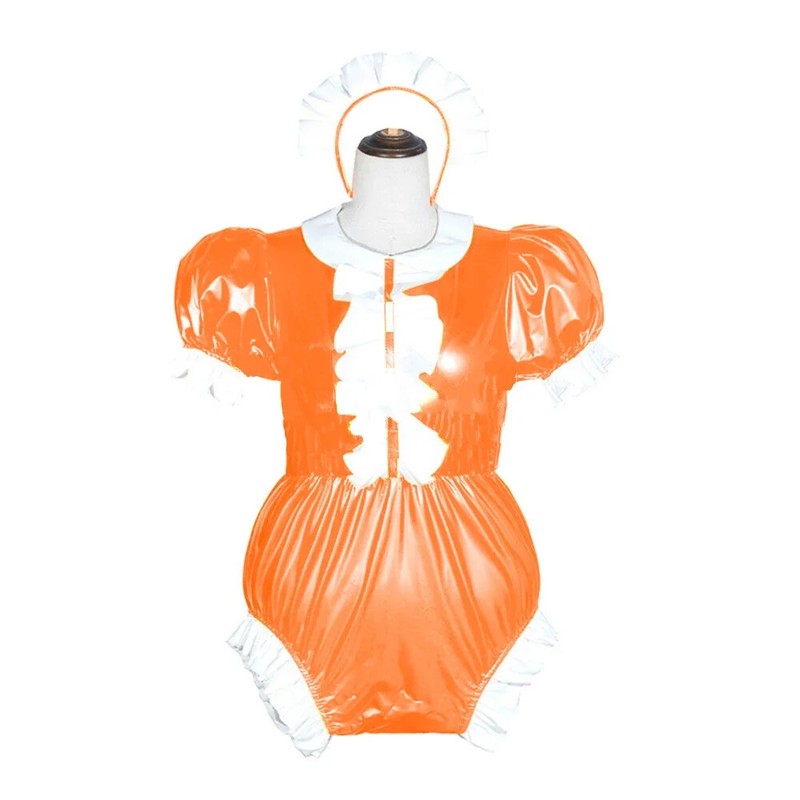 Women Sexy Maid Cosplay Punk Lolita Wet Look PVC Bodysuits Sissy Jumpsuit