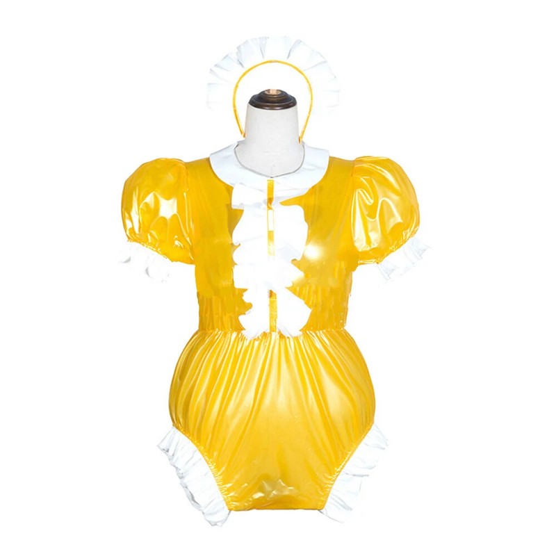 Women Sexy Maid Cosplay Punk Lolita Wet Look PVC Bodysuits Sissy Jumpsuit