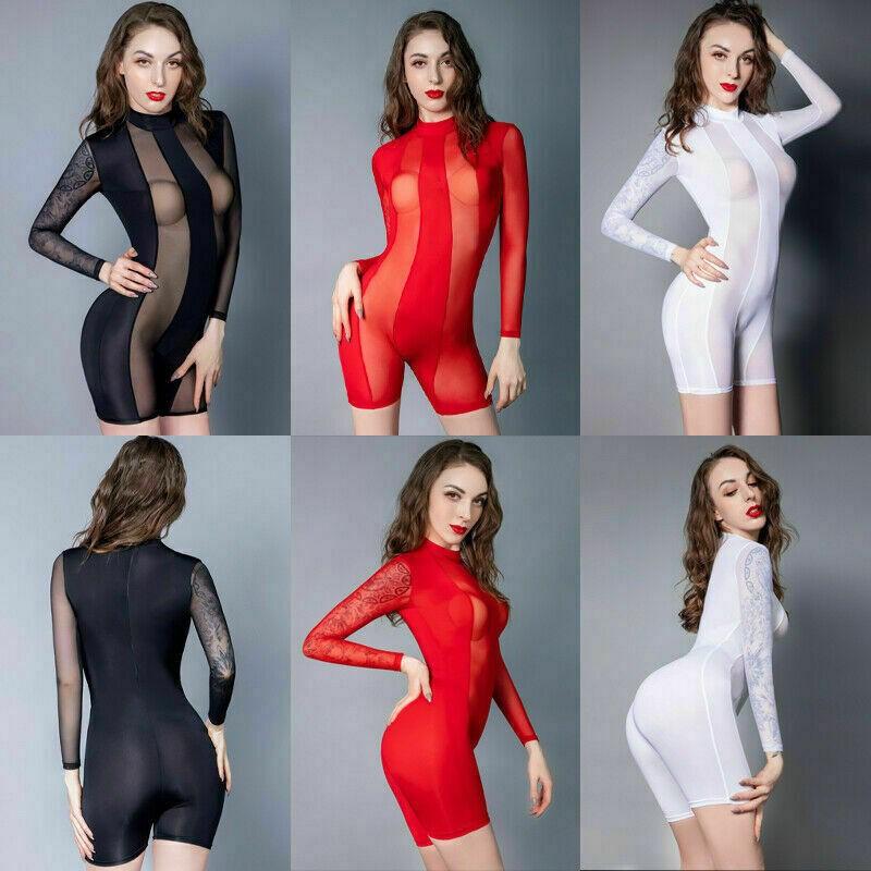 Women Sexy Shiny Glossy See-through Leotard Catsuit Boxer Shorts Romper Jumpsuit