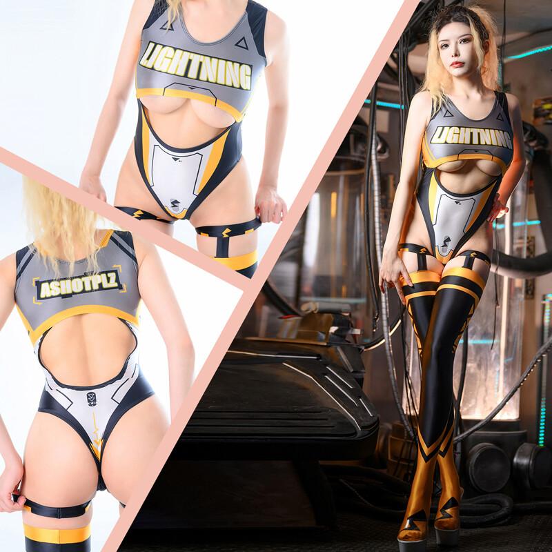 Women Sexy Swimwear Jumpsuit+Stockings Set Cosplay Sleeveless Bodysuit Passion