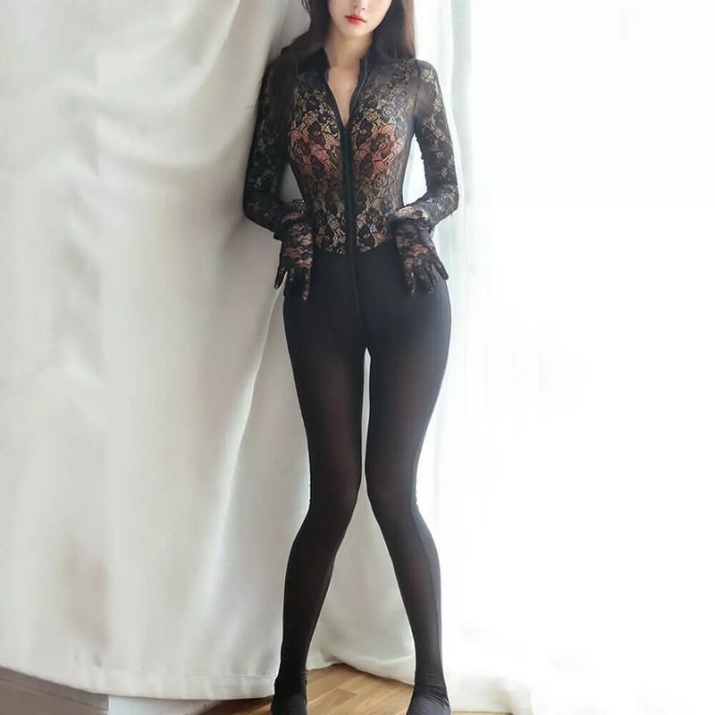 Women Sheer Lace Full Bodysuit Zipper Bodystocking Jumpsuit Lingerie Catsuit Top