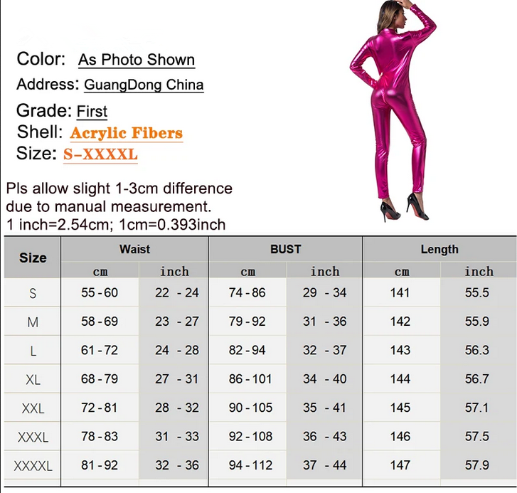 Women Shiny Glossy Metallic Leather Bodysuit Zipper Open Crotch Catsuit Jumpsuit