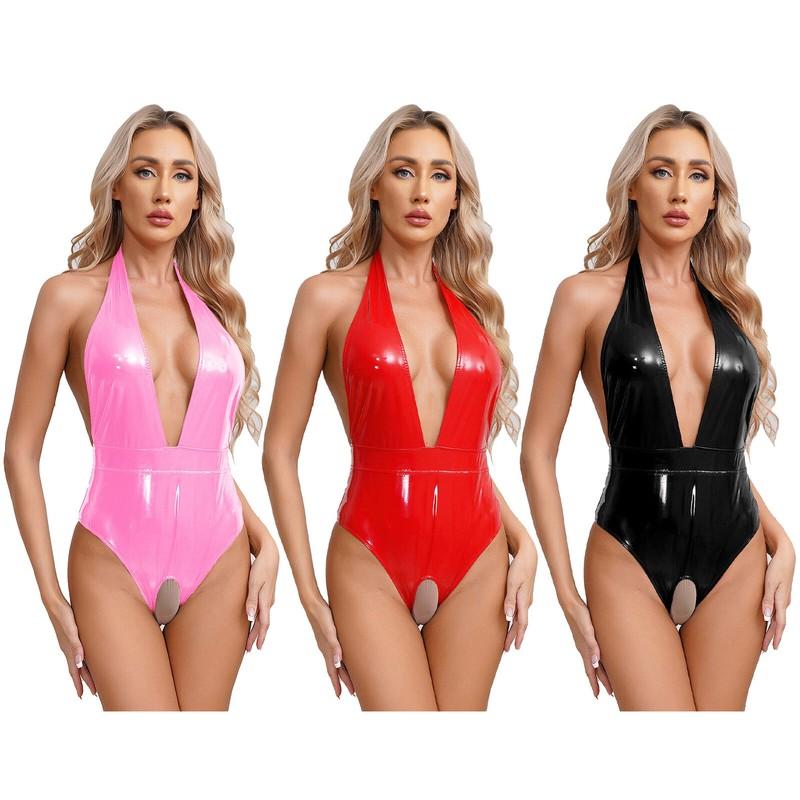 Women Shiny Leather Lingerie Bodysuit Open Crotch Halter Deep V Neck Catsuits