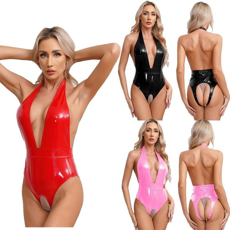 Women Shiny Leather Lingerie Bodysuit Open Crotch Halter Deep V Neck Catsuits