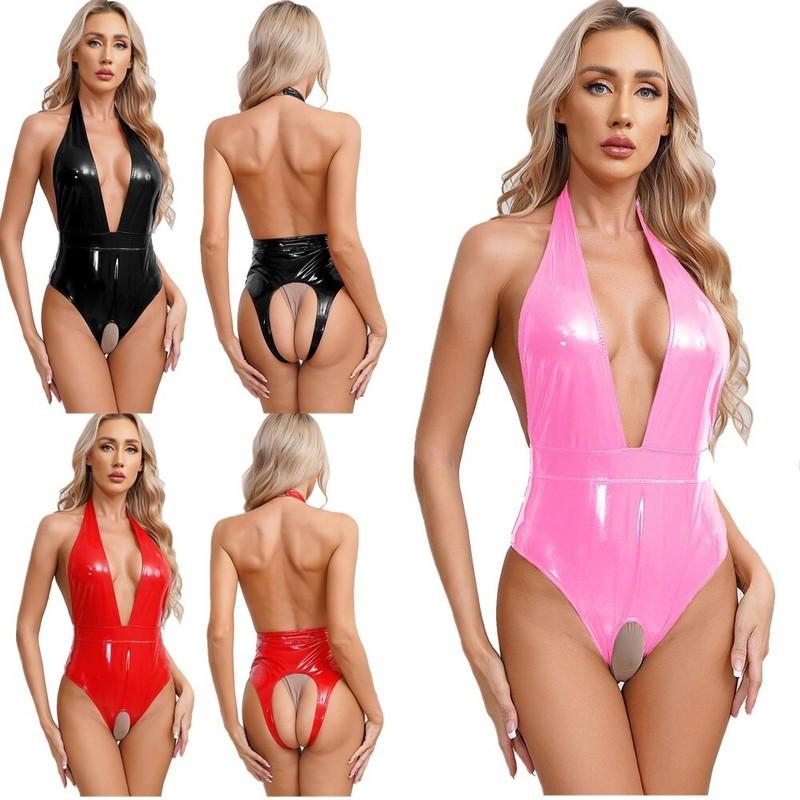 Women Shiny Leather Lingerie Bodysuit Open Crotch Halter Deep V Neck Catsuits
