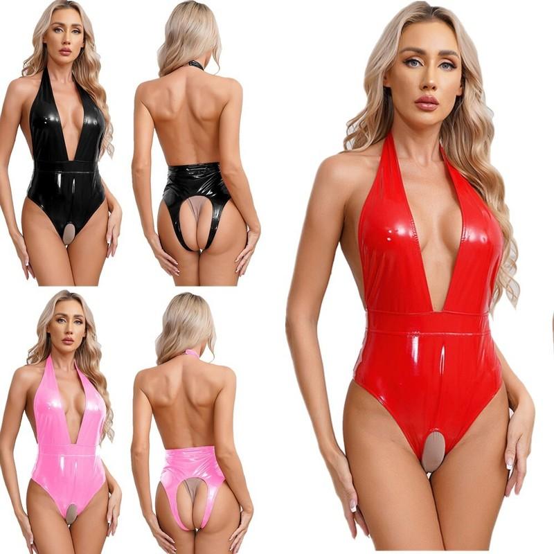 Women Shiny Leather Lingerie Bodysuit Open Crotch Halter Deep V Neck Catsuits