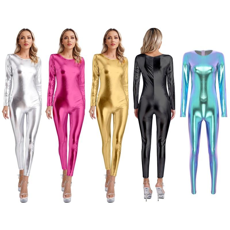 Women Shiny Metallic Catsuit Bodysuit One Piece Long Sleeve Jumpsuit Clubwear