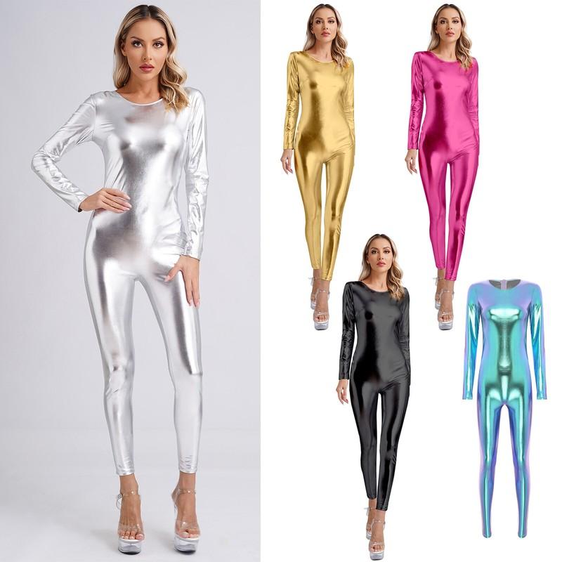 Women Shiny Metallic Catsuit Bodysuit One Piece Long Sleeve Jumpsuit Clubwear