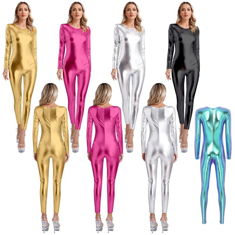 Women Shiny Metallic Catsuit Bodysuit One Piece Long Sleeve Jumpsuit Clubwear