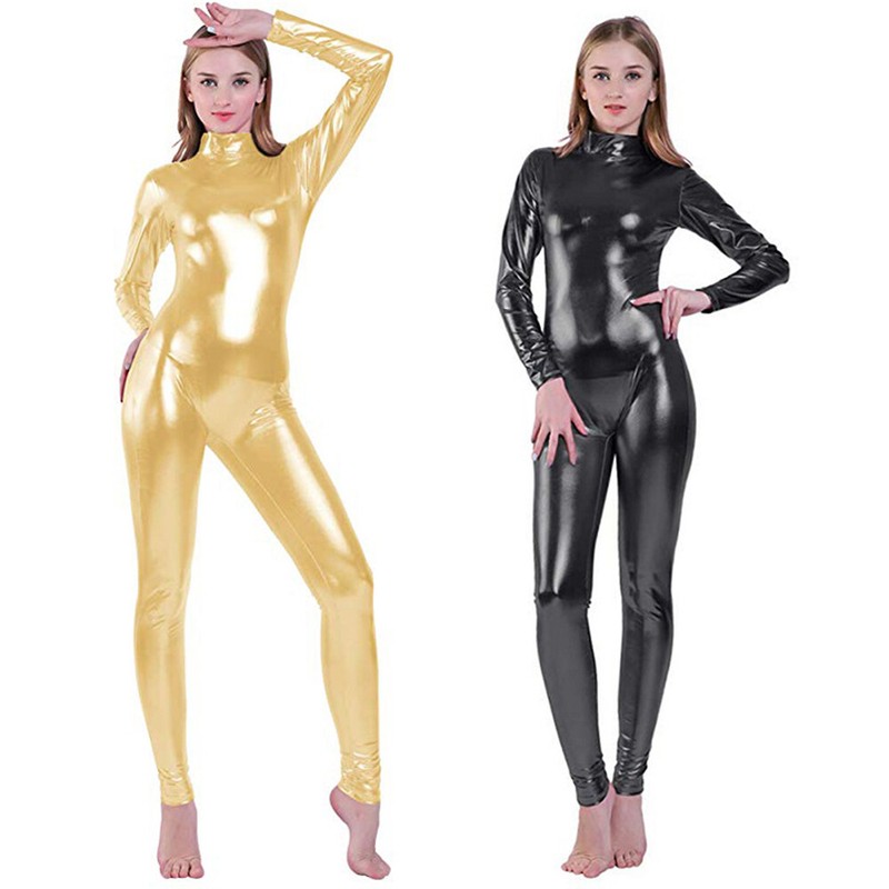 Women Shiny Metallic Jumpsuits One Piece Long Sleeve Ballet Dance Zentai Rompers